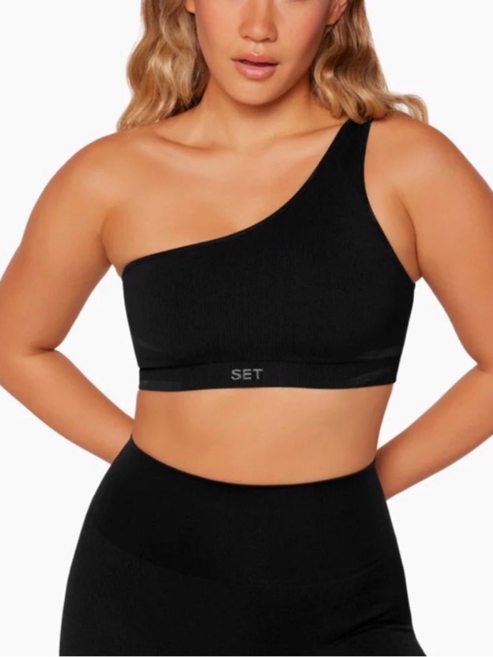 SET Active One-Shoulder Black ribbed Sports Bra